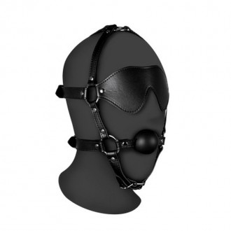 BLINDFOLDED HEAD HARNESS WITH SOLID BALL GAG - BLACK