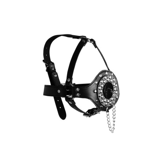 OPEN MOUTH GAG HEAD HARNESS WITH PLUG STOPPER - BLACK