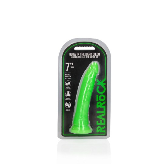 SLIM REALISTIC DILDO WITH SUCTION CUP - GLOW IN THE DARK - 7&#039; / 18 CM