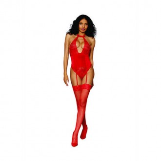 WOMEN'S STRETCH LACE AND STRETCH VELVET GARTER TEDDY - ONE SIZE - RED