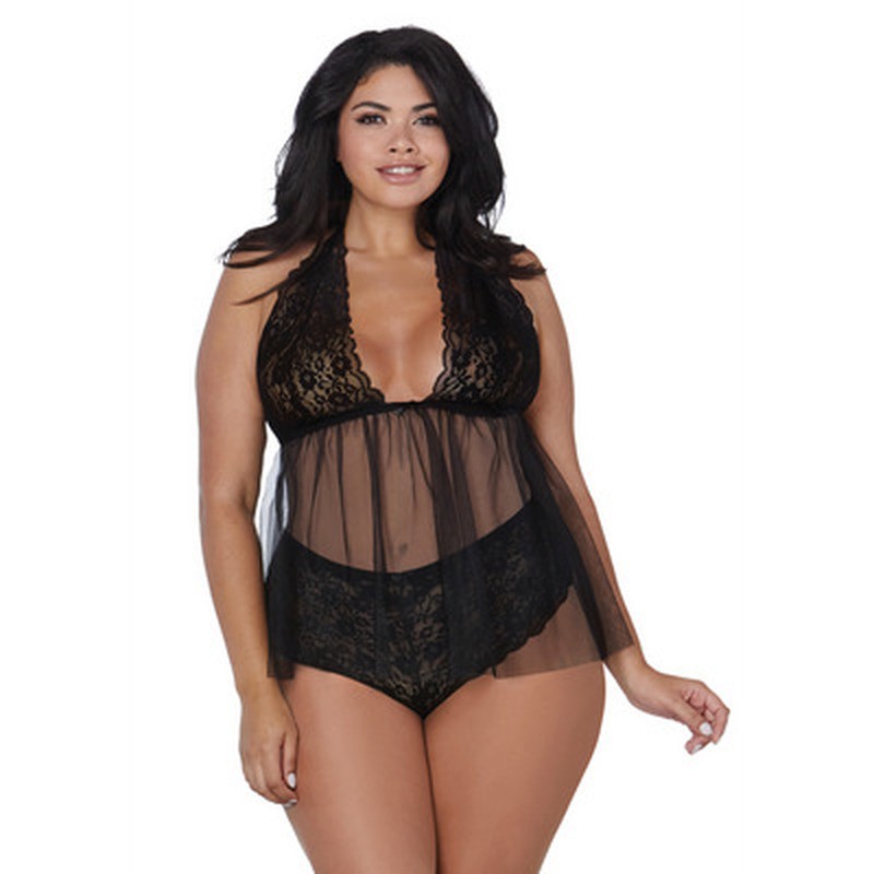 RETRO, LACE AND MESH HALTER BABYDOLL - PLUS SIZE