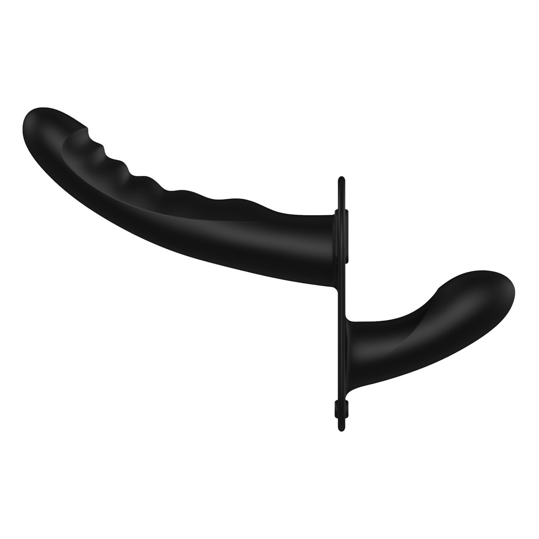 VIBRATING AND RECHARGEABLE - 10 SPEED SILICONE RIBBED STRAP-ON - ADJUSTABLE - BLACK