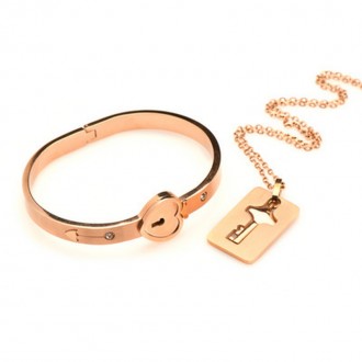 CUFFED LOCKING BRACELET AND KEY NECKLACE - ROSE GOLD