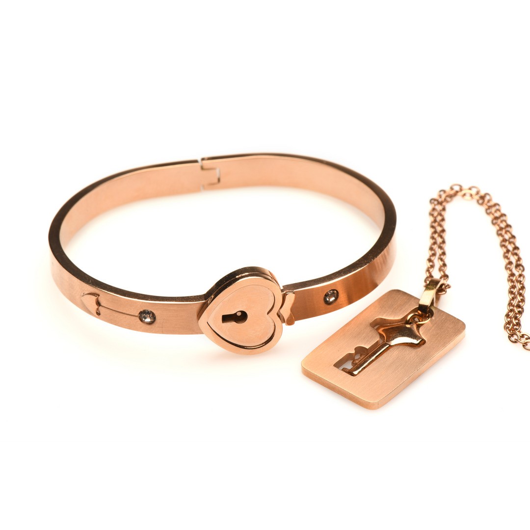 CUFFED LOCKING BRACELET AND KEY NECKLACE - ROSE GOLD