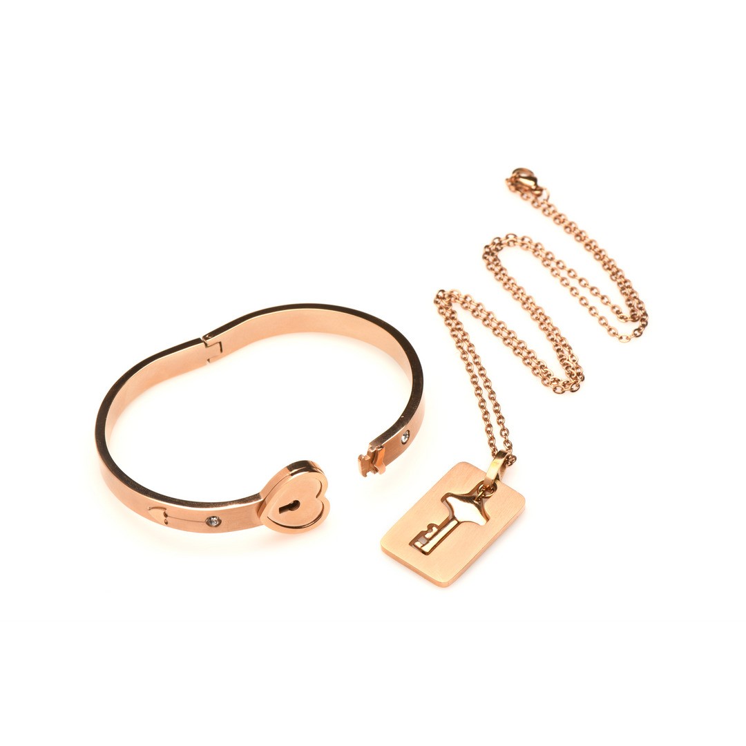 CUFFED LOCKING BRACELET AND KEY NECKLACE - ROSE GOLD