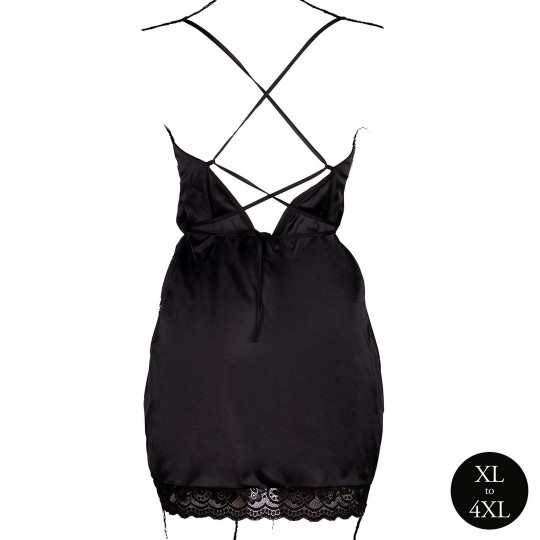 OPEN BACK SILK DRESS WITH CRISS CROSS DETAILS AND SLIT - PLUS SIZE - BLACK