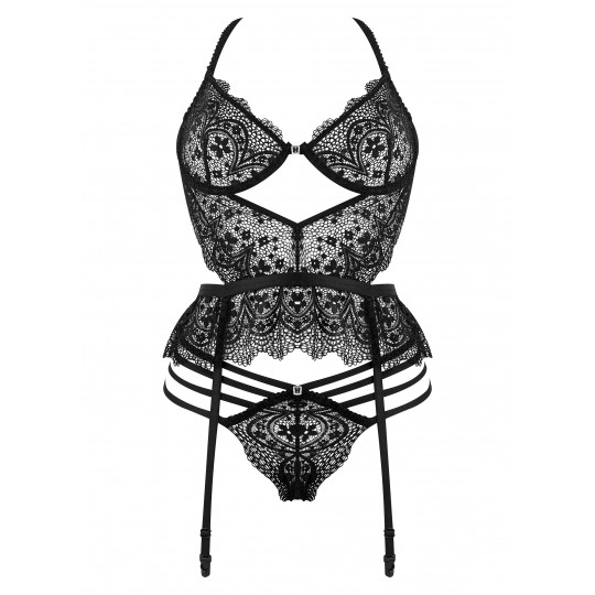 CORPETE E TANGA LACE TEMPTATION PRETO BEAUTY NIGHT FASHION