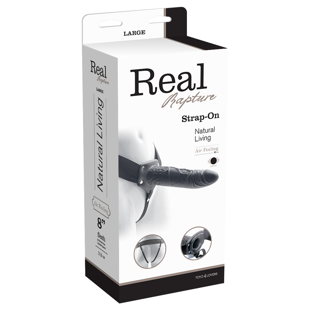 REAL RAPTURE AIR FEELING 8&quot; HOLLOW VIBRATING STRAP-ON BLACK