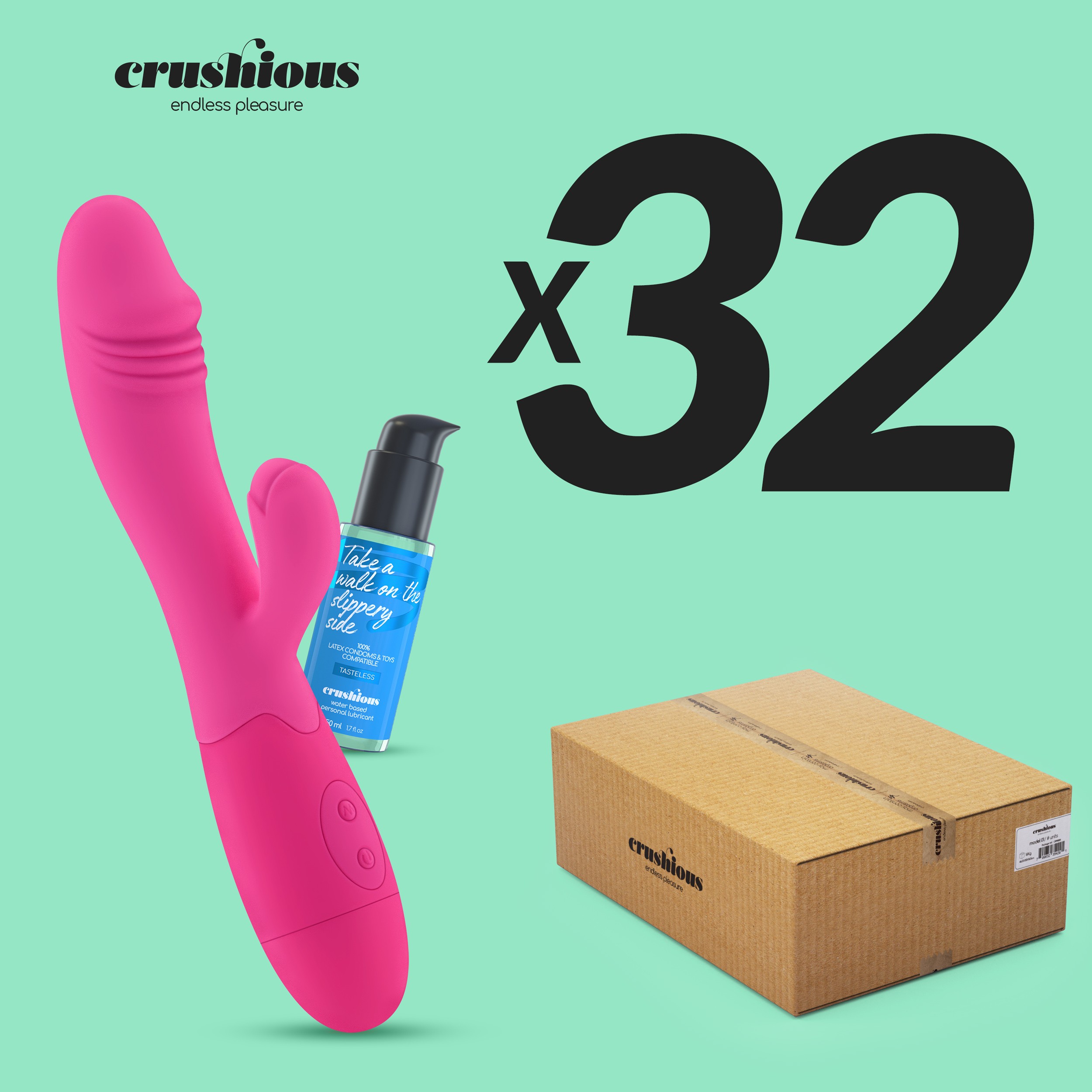 PACK DE 32 VIBRADOR RECARGABLE CON ESTIMULADOR DE CLÍTORIS BLOSSOMS ROSA FUERTE Y LUBRICANTE DE BASE AGUA INCLUIDO CRUSHIOUS