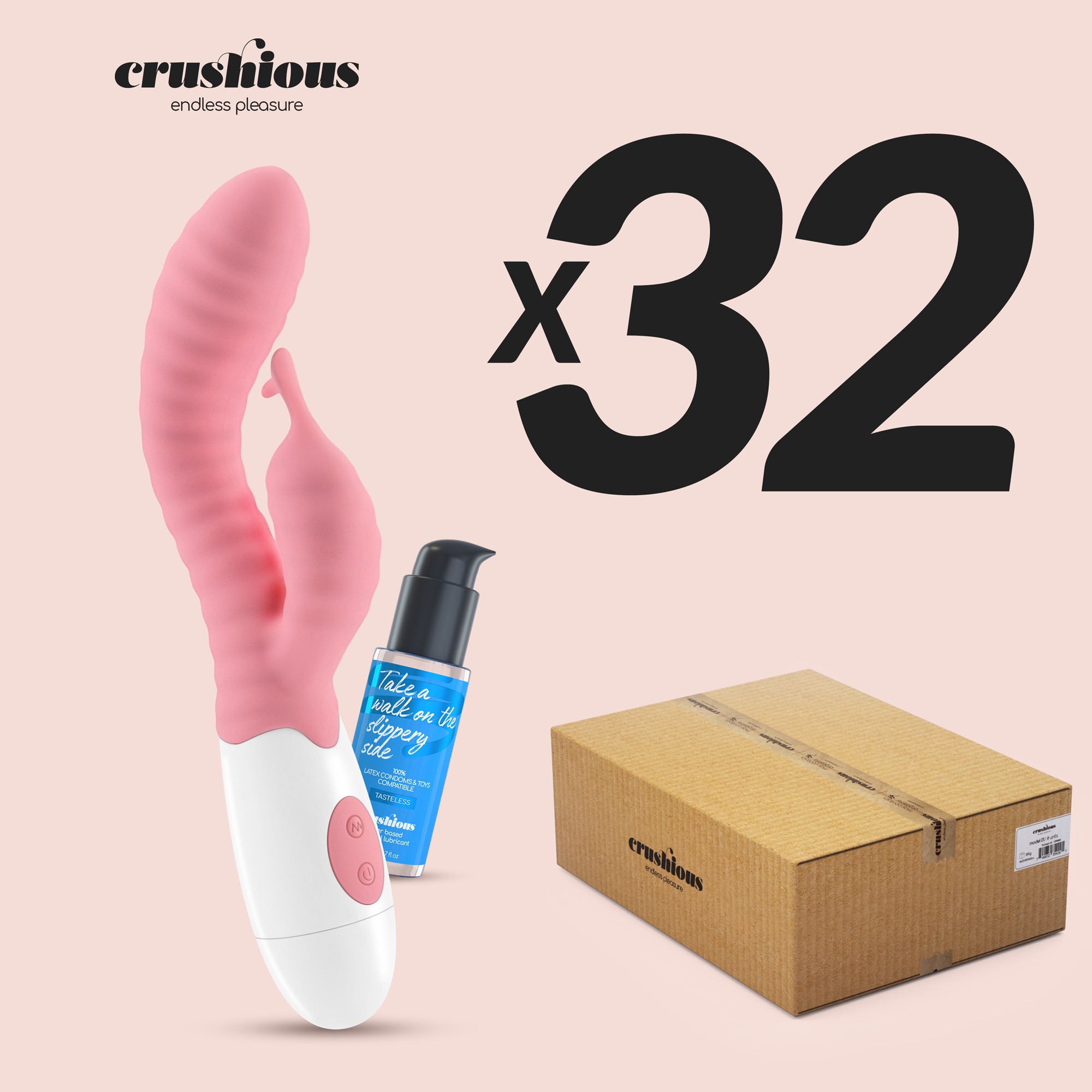 CONFEZIONE DA 32 VIBRATORE CON ROSA GUMMIE STIMOLATORE CLITORIDEO E LUBRIFICANTE A BASE D&#039;ACQUA INCLUSO CRUSHIOUS