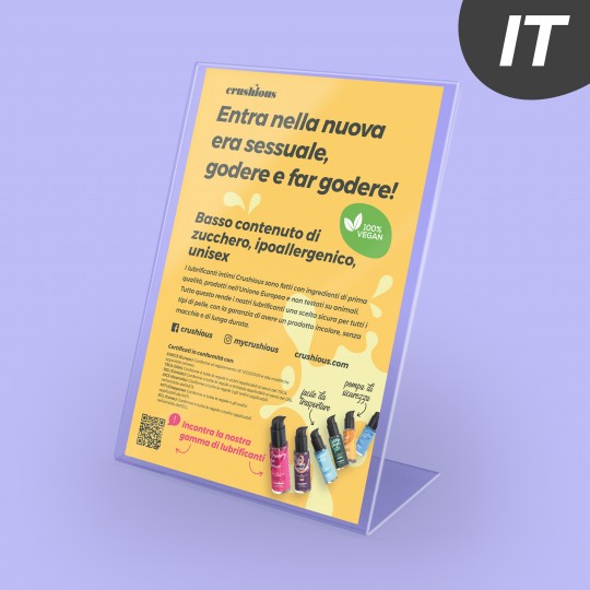 Banco di mostra acrilico con Flyer lubrificanti CRUSHIOUS A5 IT