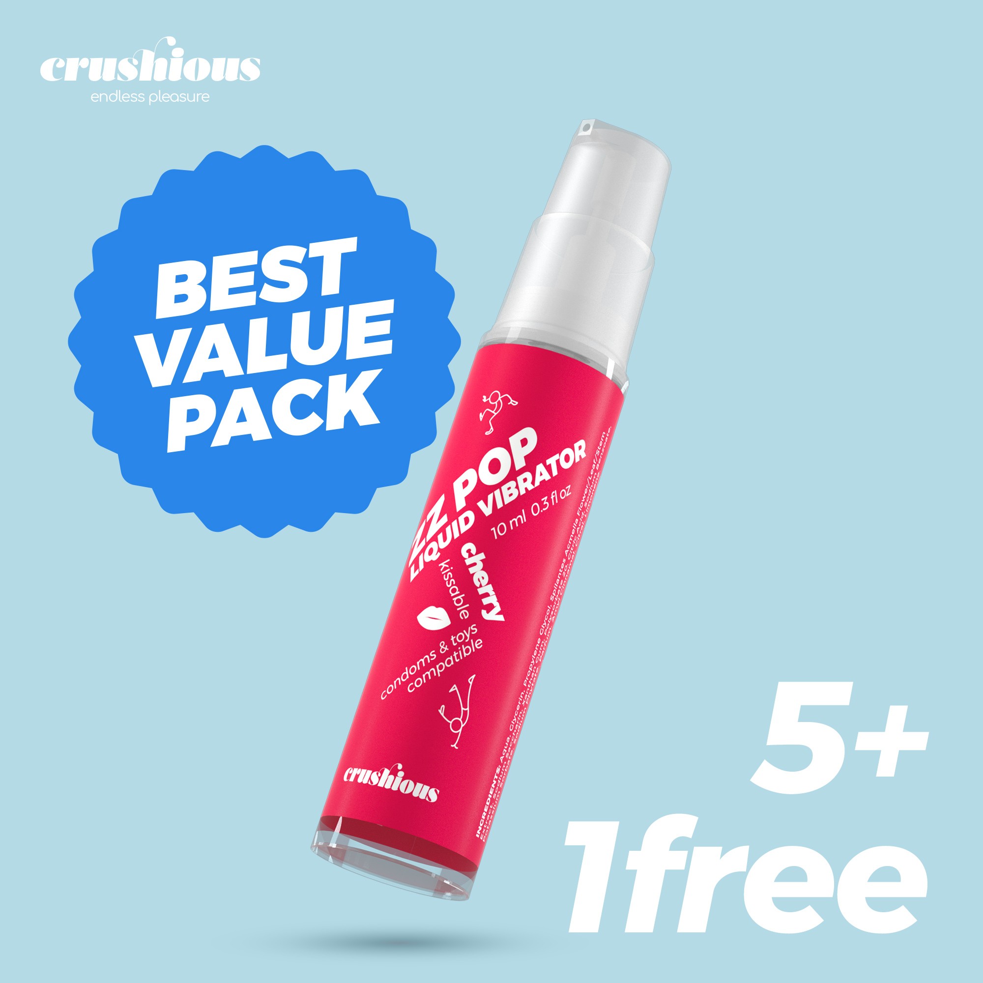 PACK 5 + 1 FREE CRUSHIOUS ZZ POP LIQUID VIBRATOR CHERRY AROMA 10ML