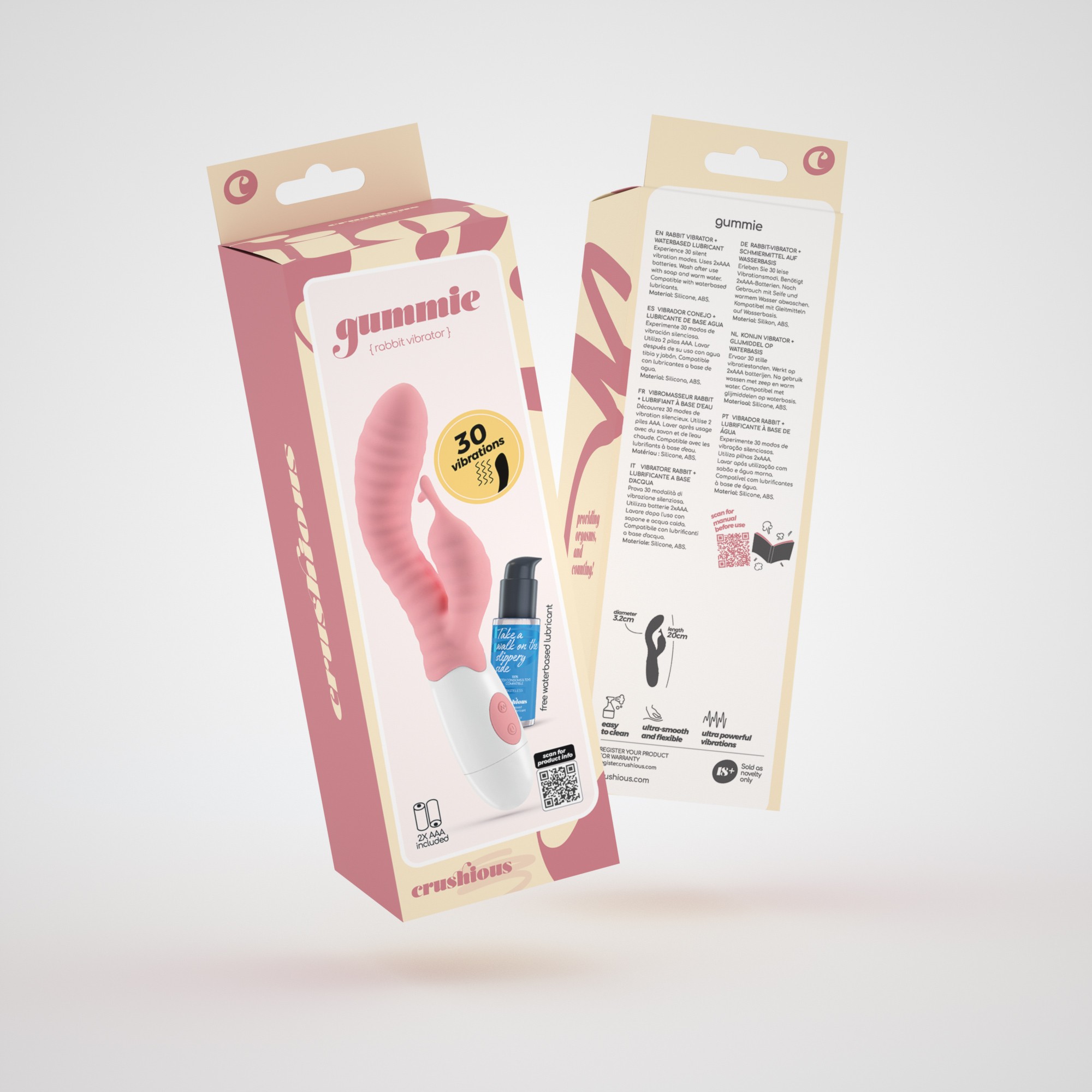 CONFEZIONE DA 32 VIBRATORE CON ROSA GUMMIE STIMOLATORE CLITORIDEO E LUBRIFICANTE A BASE D&#039;ACQUA INCLUSO CRUSHIOUS