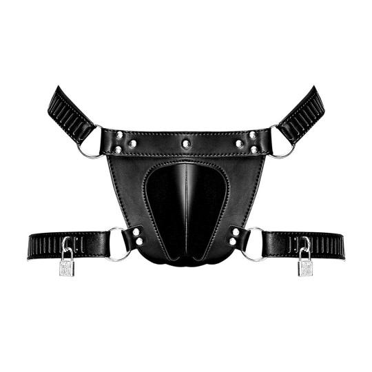 SCORPIO - IMITATION LEATHER CHASTITY THONG BLACK