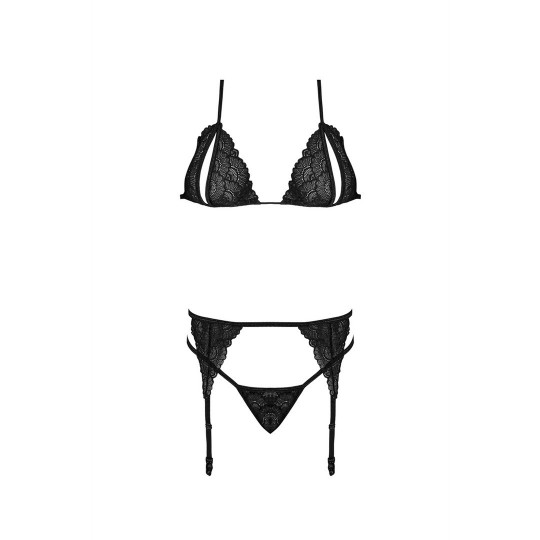 PEEK-A-BOO BRA, GARTER AND G-STRING SET - 2X - BLACK