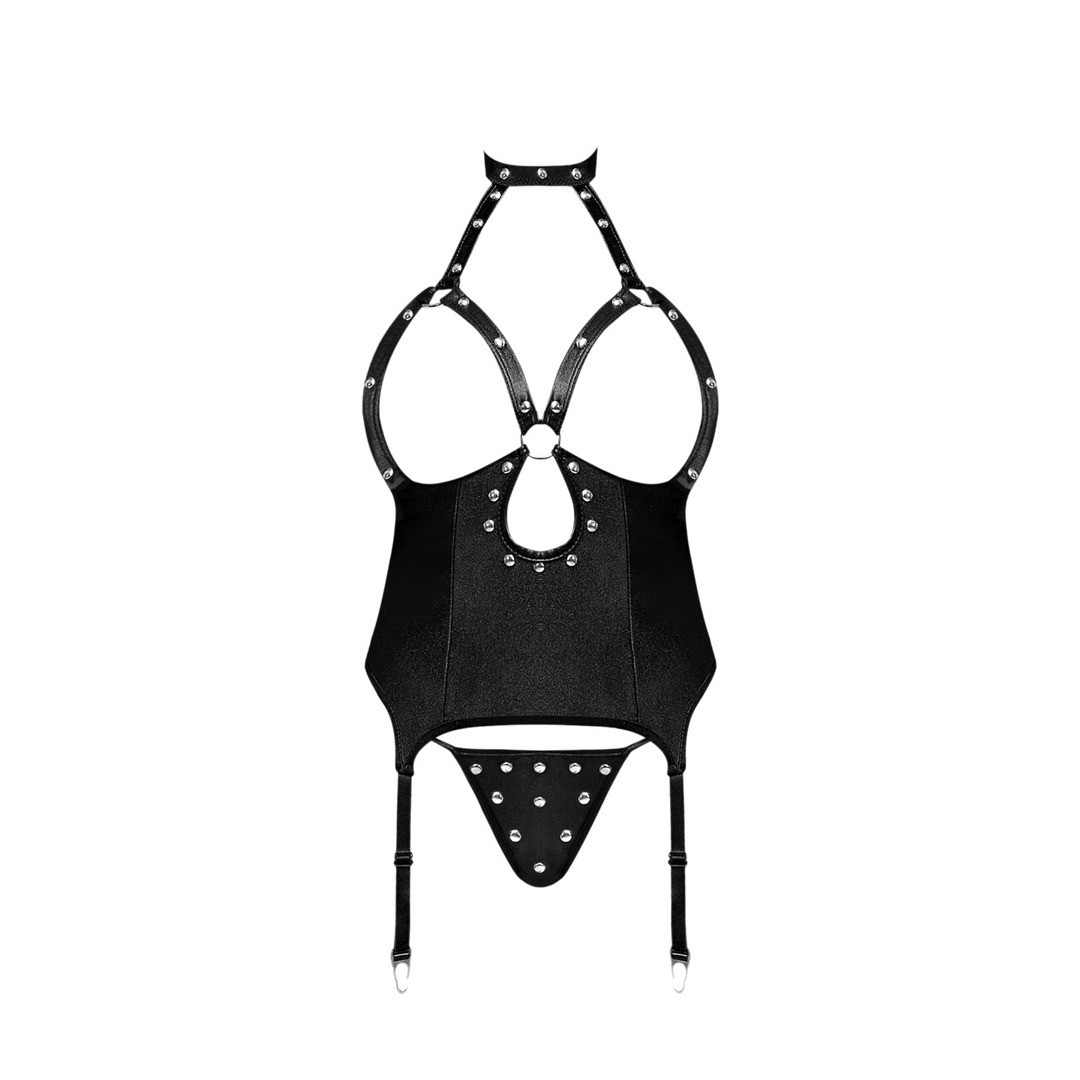 MISTRESS - SEXY IMITATION LEATHER CORSET AND G-STRING WITH STUDS