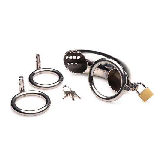 LOCKABLE STAINLESS STEEL CHASTITY CAGE WITH 3 RINGS