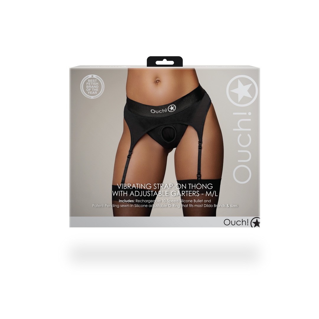 VIBRATING STRAP-ON THONG WITH ADJUSTABLE GARTERS - BLACK