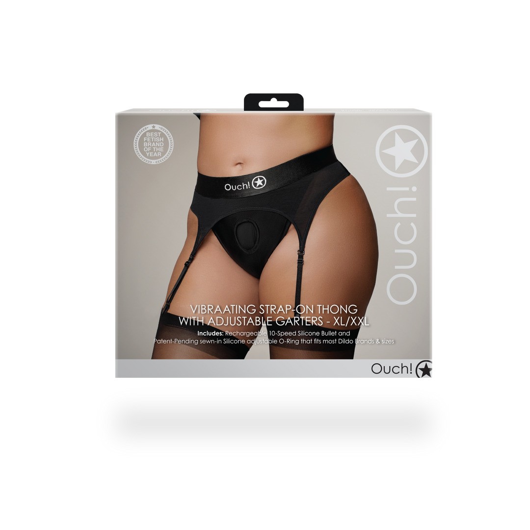 VIBRATING STRAP-ON THONG WITH ADJUSTABLE GARTERS - XL/XXL - BLACK