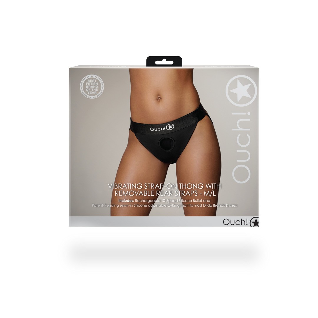 VIBRATING STRAP-ON THONG WITH REMOVABLE BUTT STRAPS - BLACK