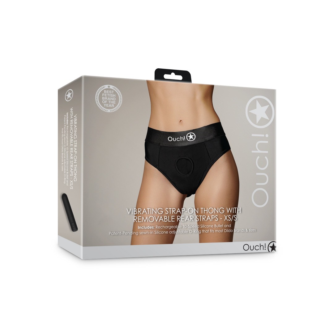 VIBRATING STRAP-ON THONG WITH REMOVABLE BUTT STRAPS - BLACK